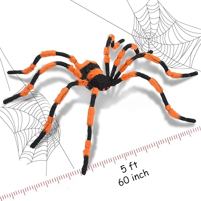 Giant Spider Halloween Decorations, 60” Large Black Hairy Scary Virtual Realistic Spider with 56 LED Orange Lights Red Eyes Timer for Spiderweb Indoor Outdoor Yard Party Halloween Decor