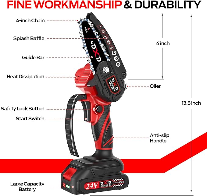 Mini Chainsaw Handheld Mini Cordless Electric Chainsaw with Battery Gas-Powered Option 4-Inch chainsaw Bar Oil Jug Safety Gloves Chain Caseightweiaht for Tree Trimming Wood Cutting