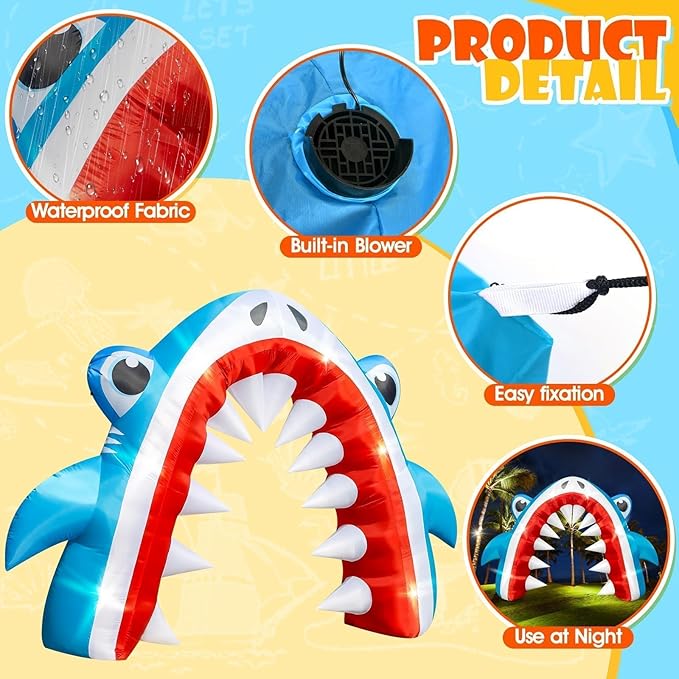 Eyourlife 12×8 FT Shark Halloween Inflatable Arch, Giant Outdoor Blow Up Yard Decoration with Built-in 6 LED Lights for Pool Stage Event Birthday Party Ocean Theme Luau Beach Party Take Photos