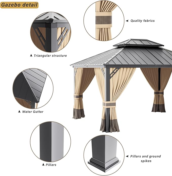 12’x14’ Hardtop Gazebo Outdoor Aluminum Frame Permanent Gazebo Galvanized Steel Double Roof Pergola with Nettings and Curtains for Patio, Lawns,Backyard, Deck(Brown)