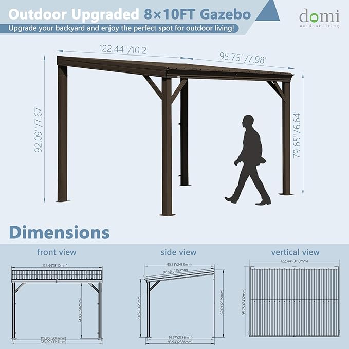 Domi 8’x10’ Wall-Mounted Hardtop Gazebo Pergola – Permanent Lean-to Outdoor Shelter with Sloped Galvanized Steel Roof & Upgraded Drainage – Grey Metal Patio Cover for Backyard, Deck, Garden,Brown