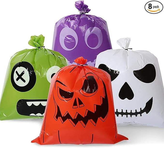 Halloween Pumpkin Lawn Bags, Large Reusable Leaf Bags with Twist Ties, Fall Outdoor Decorations, 8 Pack 24 * 30 Inch