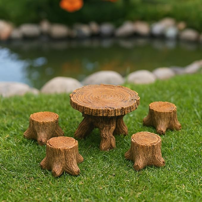 Miniature Tree Stump Garden Furniture Set, Brown Resin, Fairy Garden Decor, Indoor Outdoor Terrarium Accessories for Micro Landscape