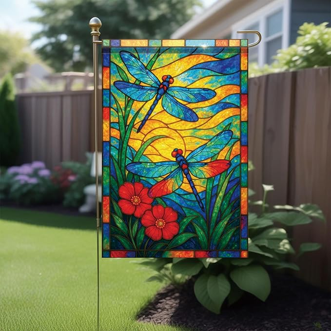 Spring Summer Dragonfly Stained Glass Garden Flag 12x18 Inch Vertical Double Sided Vibrant Outdoor Decor for Yard Lawn Patio Garden Flag for Seasonal Home and Garden Decoration