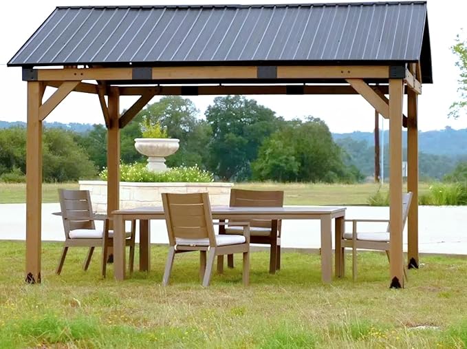 CHARMELEON 12x14 Cedar Wood Gazebo,Heavy Duty Patio Gazebo with Metal Gable Roof,Permanent Hardtop Gazebos Pavilion for Backyard,Outdoor,Deck,Garden,Porch