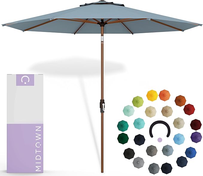 Midtown Umbrellas Sunbrella Umbrella Outdoor Patio Umbrella 2-8 Feet in Canvas Haze Acrylic Fabric - Auto-Tilt Aluminum Frame For Backyard Umbrella, Deck Umbrella & Porch Umbrella - Wooden Pole