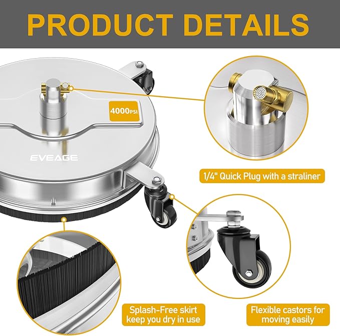 EVEAGE 16.5'' Pressure Washer Surface Cleaner, Power Washer Surface Cleaner with 2 Extension Wand, Stainless Steel Housing Power Washer Accessories with 2 Replacement Nozzles, 4000 PSI,EP001