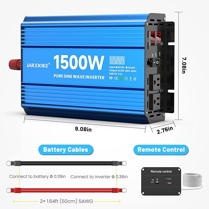 1500 Watt Pure Sine Wave Power Inverter, 12 Vdc to 110 Vdc to 120 Vdc, for Home, RV and Off-Grid Solar Systems, with 2 AC Outlets and USB Port, LCD Display, with Remote Control