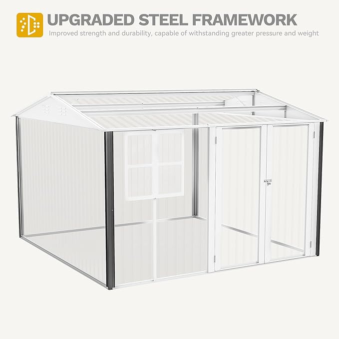 DWVO 10x10ft Large Tool Storage Shed with Window, Lockable Doors, and Sloped Roof, Oversized Steel Outdoor Storage Shed for Garden, Patio, Garage, Backyard, Lawn(Gray + White)