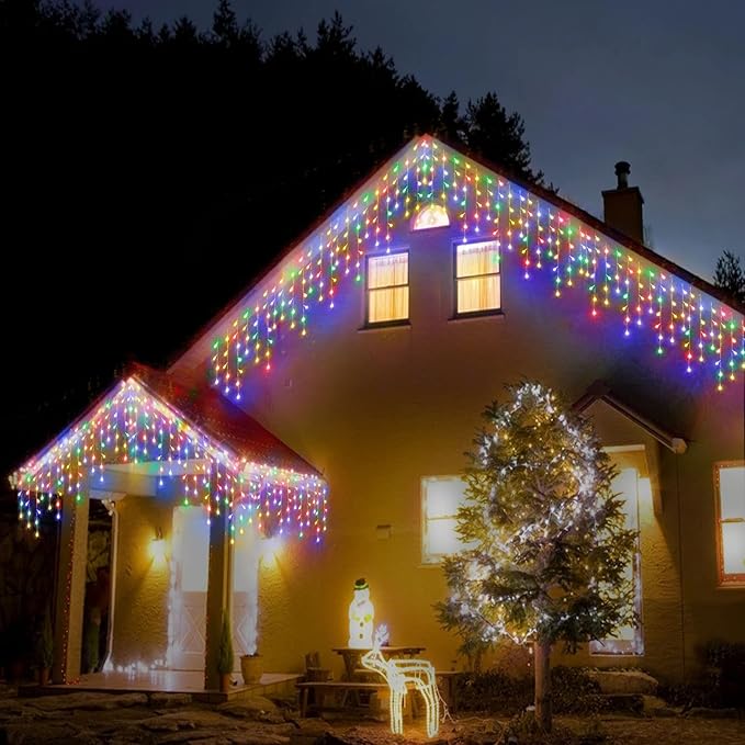 304 LED Solar Christmas Lights, Multicolored Outdoor Icicle Lights, 8 Modes Waterproof Solar Powered String Lights for Xmas Tree Patio Yard Garden Wedding Party House Eaves Roof Decorations