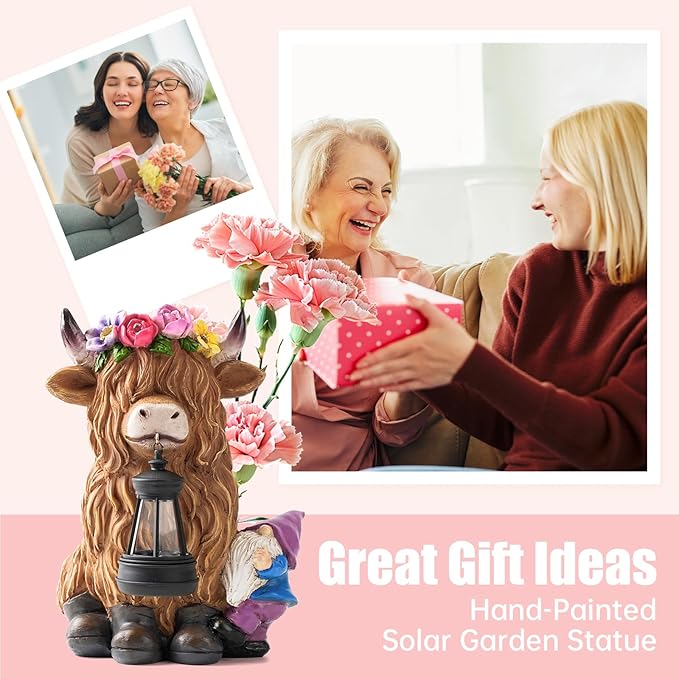 TOLIMI Garden Lantern Statues Resin Highland Cow with Gnome Outdoor Solar Light Decor Funny Decorations for Yard and Patio Gifts