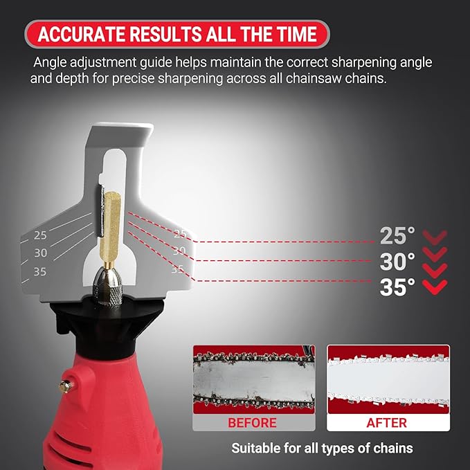 Electric Chainsaw Sharpening Kit 110V/180W, High-Speed Chainsaw Sharpening Tool, Includes 5-Speed Chainsaw Chain Sharpener with 3 Sizes Diamond Sharpening Wheels and Angle Adjustment Guide