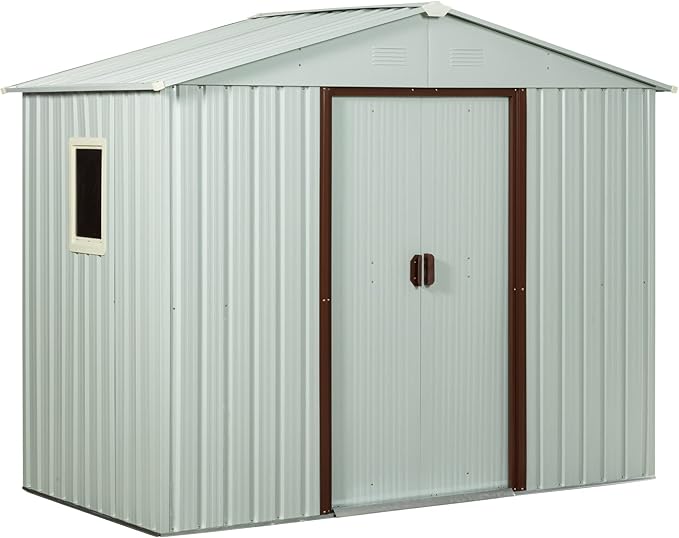 8x4 ft Outdoor Metal Storage Shed with Floor Foundation and Window, Lockable Galvanized Steel Tool Shed with Sliding Door and Air Vent, Waterproof Garden Storage House for Backyard, Patio