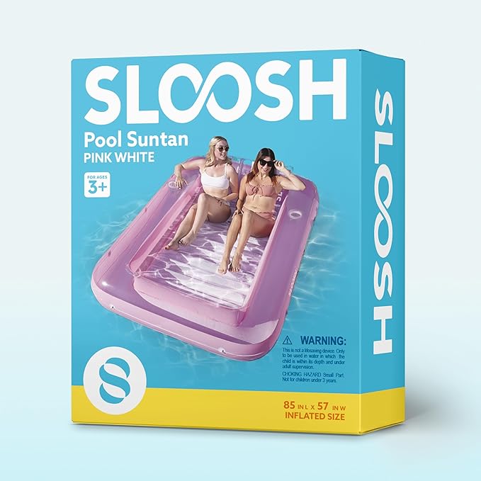 SLOOSH Inflatable Tanning Pool Lounger Float, 85" x 57" Extra Large Pool Floats Adult with Pillow, 4 in 1 Suntan Tub Raft Floatie,Sunbathing Bed Lounge for Water Blow Up Ball Pit, XL-Pink White