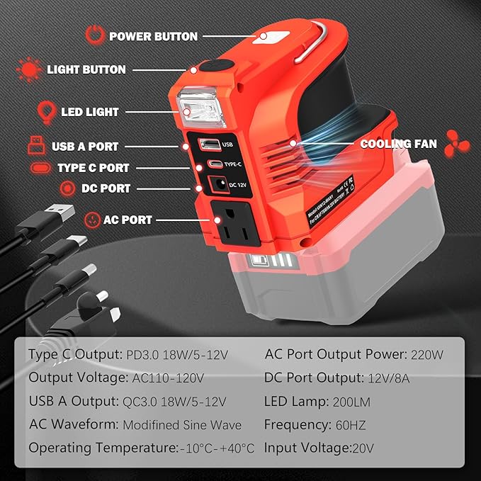 Power Inverter for Craftsman 20V Battery,220W Portable Power Supply Inverter DC 20V to AC 120V for Craftsman V20 Battery with USB&Type-C&AC Outlet&LED Light