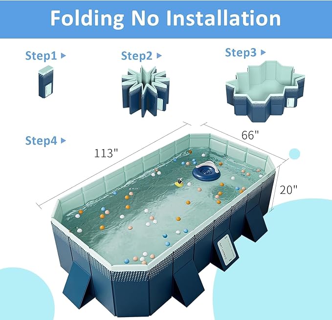 Foldable Non-Inflatable Kids' and Adults' Outdoor Swimming Pool Hard Plastic Shell Kid Pool for Backyard Dog Pools (113" x 66" x 20")