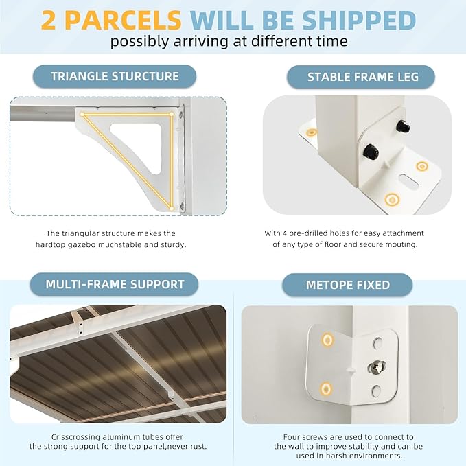AECOJOY 12' x 8' Outdoor Gazebo Pergola for Patio, Large White Hardtop Lean to 8x12 Gazebo Shelter Pergolas and Gazebos Clearance with Patio Roof, Large Wall-Mounted Heavy Duty Awnings for Patio
