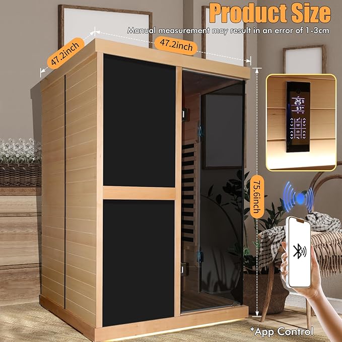 Far Infrared Sauna 2 Person Home Sauna Two Person Sauna 1980W/110V Low EMF Canadian Hemlock Wood Indoor Dry Sauna, With LCD Control Panel/APP/LED lights/Speaker/Grey Glass Door - 47.2*47.2*75.6 IN