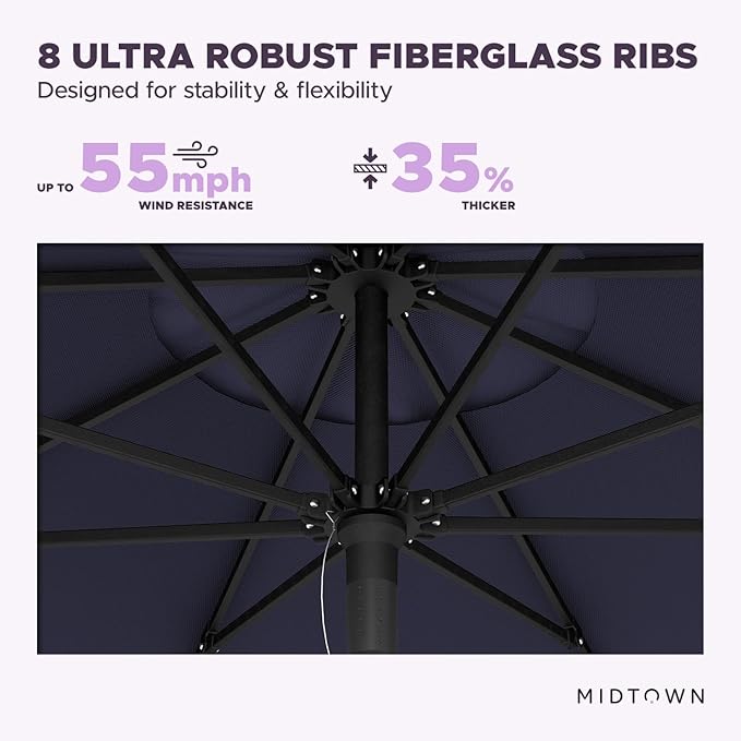 Midtown Umbrellas Push and Pop 9 Feet Outdoor Umbrella, Navy Blue Polyester Fabric - Fiberglass Ribs Deck Patio Umbrella, Backyard Umbrella, Garden Umbrella & Pool Umbrella - Black Pole