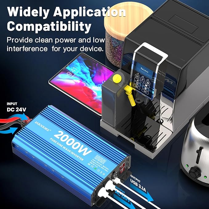 2000 Watt Pure Sine Wave Power Inverter, 12V DC to 110 Vdc to 120 Vdc, for Home, RV and Off-Grid Solar Systems, with 2 AC Outlets and USB Port, LCD Display, with Remote Control