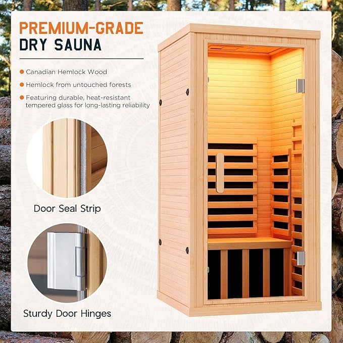 Albott Infrared Sauna 1 Person, Infrared Saunas for Home, 1260W/110V Hemlock Wood Dry Sauna with Foot Warmer, 7-Color Light Therapy, 2 Bluetooth Speakers & LCD Control Panel, 32.3"x32.3"x66.1"