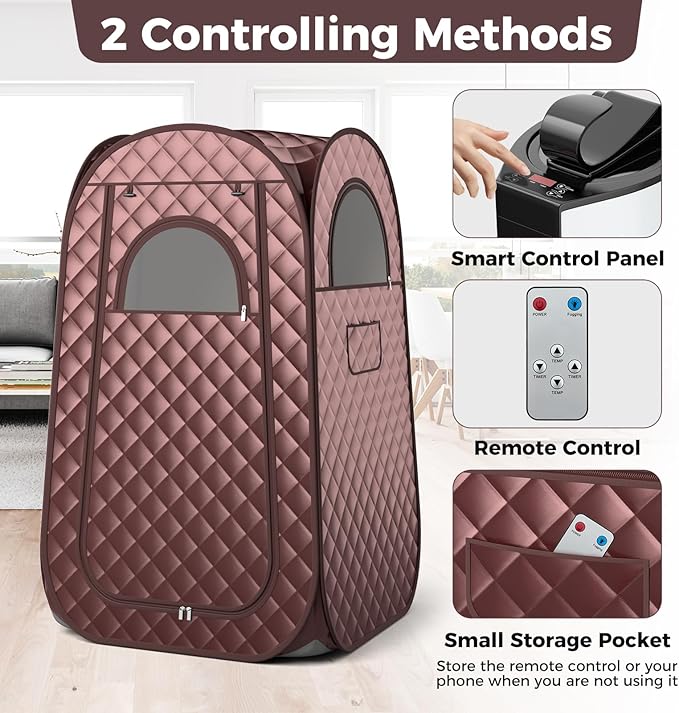 Giantex Portable Sauna, Full Body Steam Sauna w/ 3L Steam Box, Remote Control, Wood Foot Roller & Foldable Chair, Pop-Up Sauna Box for Single Person, Lightweight Personal Sauna Tent for Home (Coffee)