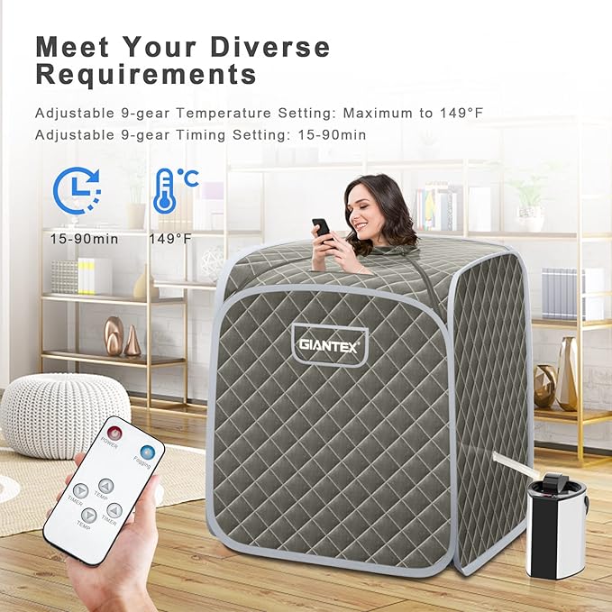 Giantex Portable Sauna, Sauna Box 3L Steam Box Remote Control, 9 Adjustable Temperature & Timer, Foot Roller, Mat & Foldable Chair, Steam Sauna for Single Person, Personal Sauna Tent for Home, Gray