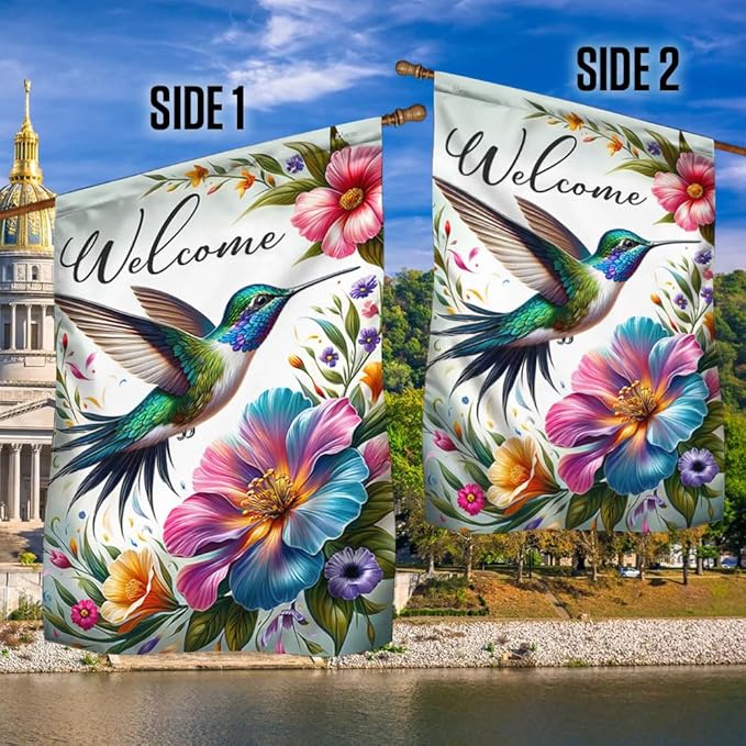 FLAGWIX American Flag - Hummingbird Welcome Spring Season Flag MLN2801F, House Flag (29.5" x 39.5") - USA Flags Premium Polyester - Decorative Indoor Outdoor Flag