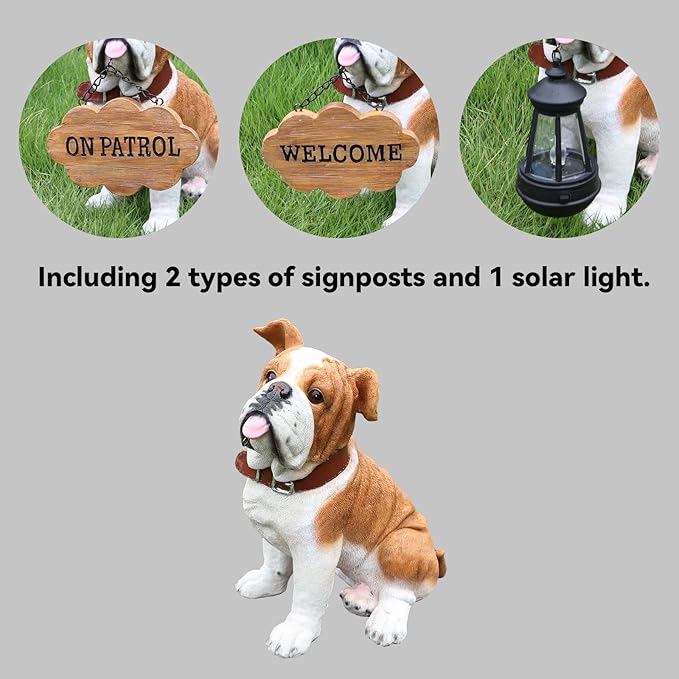 English Bulldog Outdoor Dog Statue with Flip-Over “Welcome/ON Patrol” Plaque and Solar Path Lantern, Brown & White Sitting Puppy for Porch & Lawn