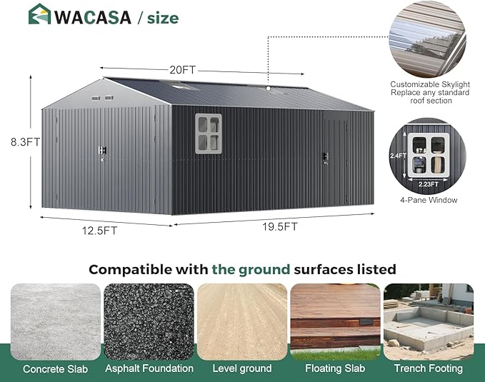 Metal Garage Shed for Car with Floor Kit, 13x20x8.5' Large Outdoor Storage Building and Workshop, Weatherproof Steel Carport with Ultra-Reinforced Truss System, Skylights & Dual-Entry