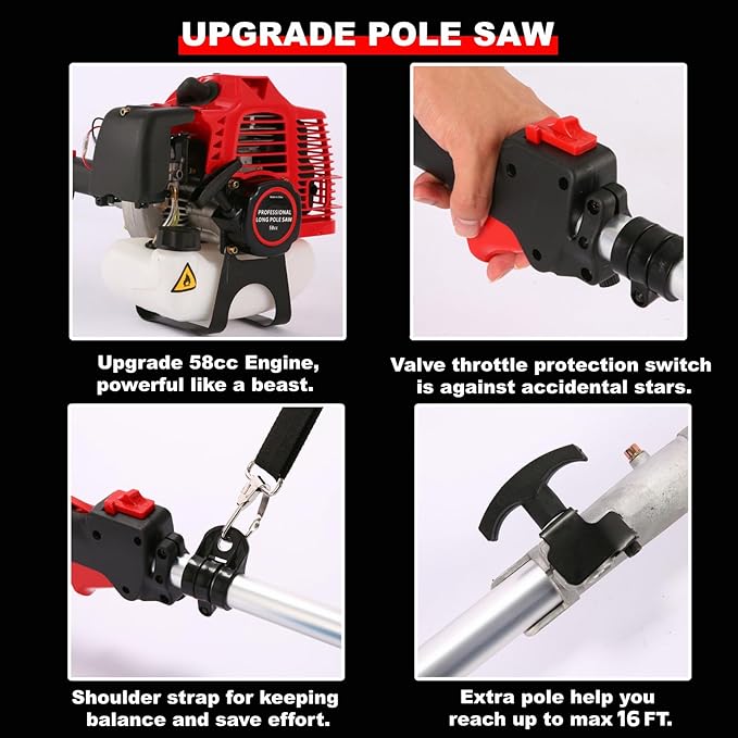 COOCHEER Pole Saw Gas Powered, 16-Foot Reach 58CC 2-Cycle Gas Pole Chain Saw 11.5-Inch Bar Cordless Extendable Long Tree Trimmer Gas Pole Saws for Tree Hedge Trimming Branches Pruning