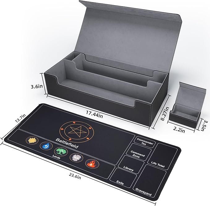 AFIING Mtg Deck Box Holds 5 Display Card Deck Boxes with Mtg Playmat & Dice Box,10 Dividers,1Card supporter, Trading Card Storage Box for Magic Yugioh Sports Cards (Black &Grey)