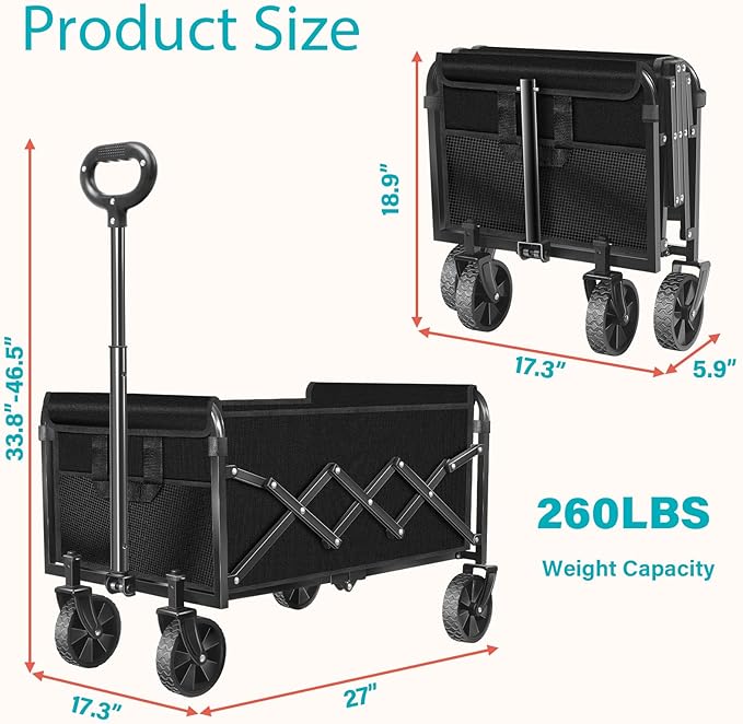 Wagons Carts Foldable, 260 Lbs with Adjustable Handle, Black Lightweight Portable, Collapsible Wagon for Camping, Shopping, Sports, Travel, Garage and Gardening Storage with Drink Holders