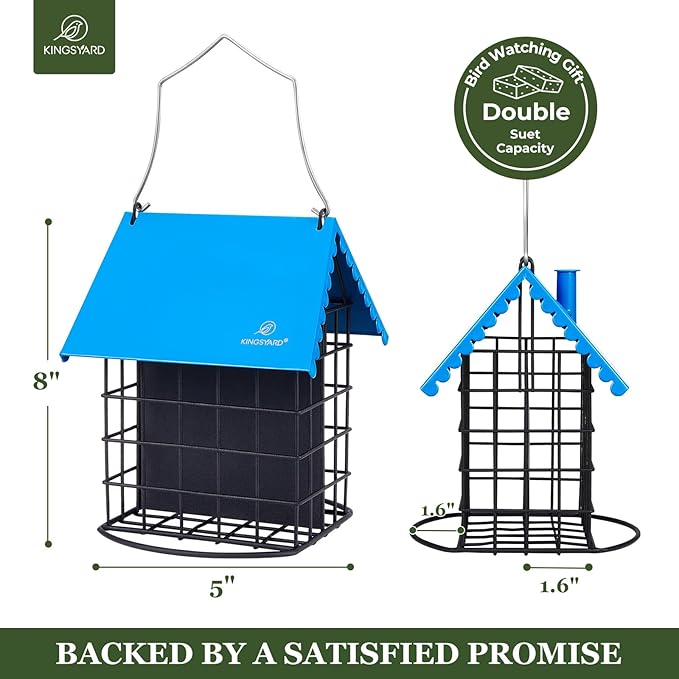 Kingsyard Double Suet Bird Feeder with Weatherproof Roof & Perch, All Metal, Suet Cakes Cage Bird Feeder for Outdoors Hanging, Easy to Clean & Refill, Blue