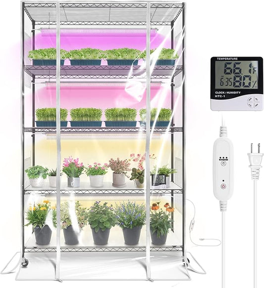 Bstrip Indoor Greenhouse with Grow Light, Tall Plant Stand with 4 Pack Full Spectrum Plant Lights , 3 Color Modes, Plant Shelf with Tent for Indoor Plant, Seed Starting, Seed Tray, 47.2"x17.8"x71"
