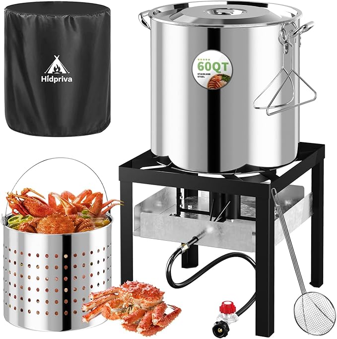 Stainless Steel 60QT Crawfish Boiler Kit, Waterproof Cover & 12-inch Skimmer, 110,000BTU Propane Burner Stove, 0-20PSIG Regulator, Seafood Boil Pot, Crab Boil Pot with 50QT Basket