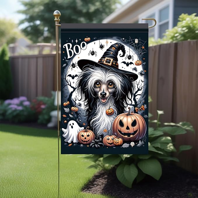 Halloween Garden Flag Chinese Crested Dog Flag 12x18 Inch Boo Pumpkin Yard Banner Double Sided Outdoor Trick or Treat House Decoration for Lawn Porch Patio Holiday Fall Decor