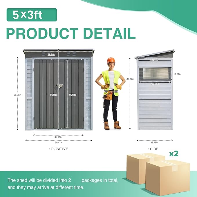 5x3 FT Outdoor Storage Shed with Windows, Wood & Metal Tool Shed Waterproof Storage House for Outside Patio, Garden, Backyard, 4 Vents,Gray (Without Floor)