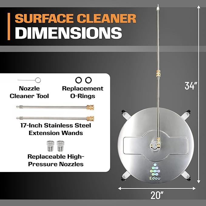 EDOU Pressure Washer Surface Cleaner - 20-Inch Stainless Steel Cleaner, 2 Replaceable Nozzles, 2 Washer Wand Attachments, 4 Wheels - 4000 PSI Maximum Pressure - 1/4" Quick Connector