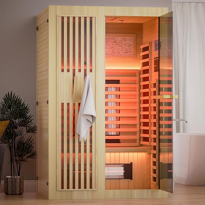 MEISSALIVVE Full Spectrum Sauna for Home, 1~2 Person Indoor Infrared Sauna Room with 10 Minutes Warm-up Heate, Canadian Hemlock Wood Home Infrared Sauna with Bluetooth and Tempered Glass