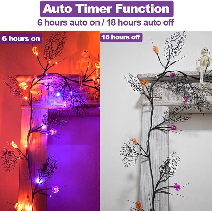 Halloween Garland with Lights 8.86FT 72LED Willow Vine Twig with Timer Black Garland Lights with Orange Pumpkins Purple Bats and Black Leaves Dead Branches Halloween Decorations Indoor Outdoor