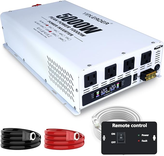 Yinleader 5000W Power Inverter 12V DC to 120V AC, 10000W Peak, with Remote Control, 4 AC Outlets, LCD Display, USB Port, for Truck/RV/Home/Off-Grid Solar System