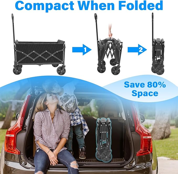 Wagons Carts Foldable - Collapsible Wagon Cart with Wheels Foldable - Utility Folding Wagon Cart for Sports Camping Grocery, Black