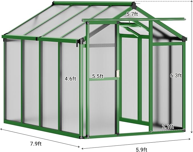 6x8 FT Greenhouse, Greenhouse for Outdoors, Polycarbonate Greenhouses with Quick Setup, Aluminum Frame and Roof Vent, Lockable Door for Backyard, Green Houses for Outside Garden Backyard, Patio