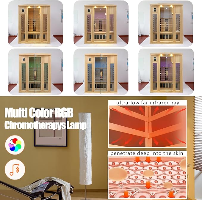 3 Person Infrared Sauna, Ceramic Infrared Sauna 3 Person, Far Infrared Saunas for Home, Low EMF Infrared Indoor Sauna, Hemlock Wooded Sauna Room, Bluetooth Speakers, Chromotherapy Lights
