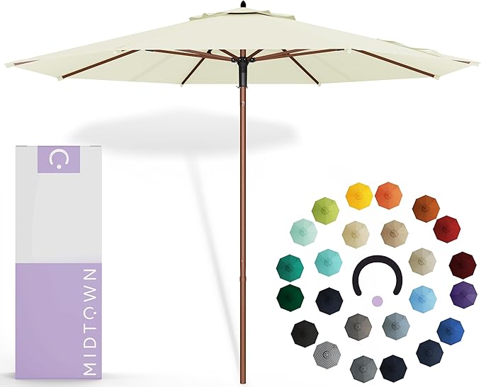 Midtown Umbrellas The Wooden 8 Feet Patio Umbrella With Sunbrella Canvas Natural Acrylic Fabric - Aluminum Frame Market Umbrella For Backyard, Deck, Garden, Pool - Wooden Pole