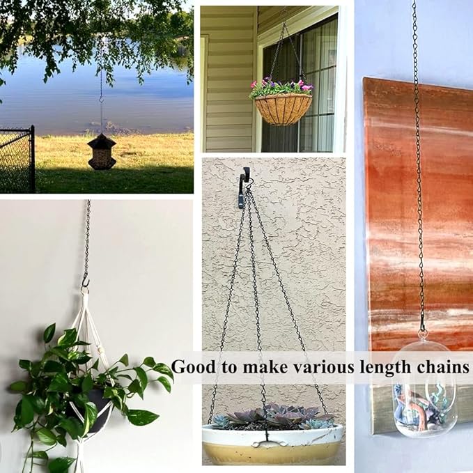 236 Inch Black Metal Hanging Chains and Hanging Basket Hooks Set for Bird Feeders, Birdbaths, Planters, Grow Lights, Lanterns, Wind Chime and Ornaments, Screw Eye Hooks, Chain Hooks DIY