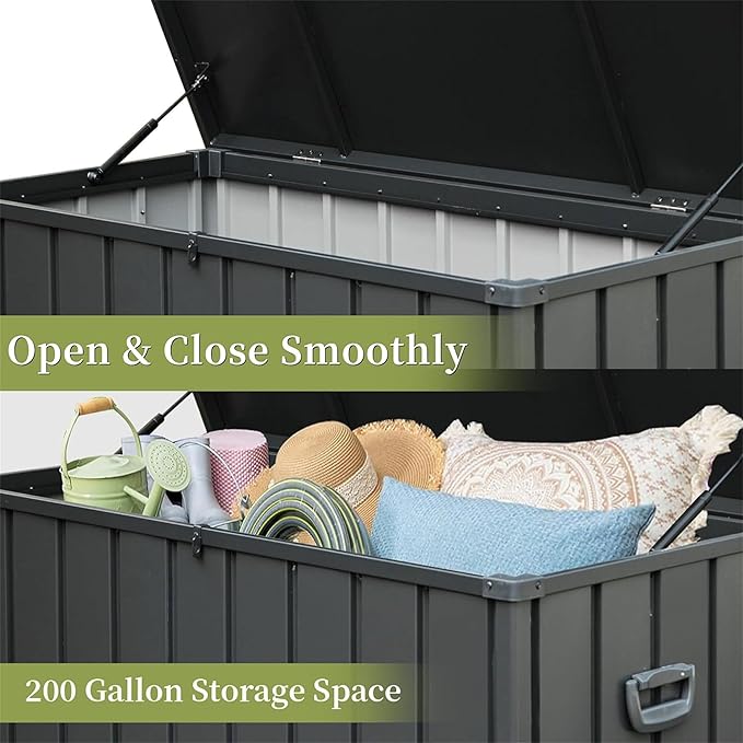 Heavy-Duty Outdoor Metal Storage Box Dark Gray Lockable Water-Resistant Deck Box for Patio Garden Tools Organization Rust-Resistant Outside Storage Box (200 Gallon)