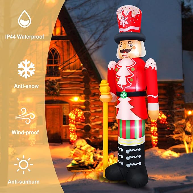 Christmas Inflatables 8FT Nutcracker Figurine Red & White Soldier with Candy Cane Stripes, Staff & Crown Hat Festive Holiday Blow Up Decoration for for Lawn, Garden or Xmas Display