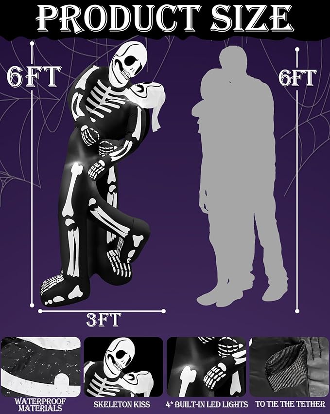 6 Ft Halloween Inflatable Outdoor Decoration, Skeleton Blow up LoveBugs Embrace Kiss Built in LED Lights, Halloween Skeleton Lover Decor for Yard Garden Lawn